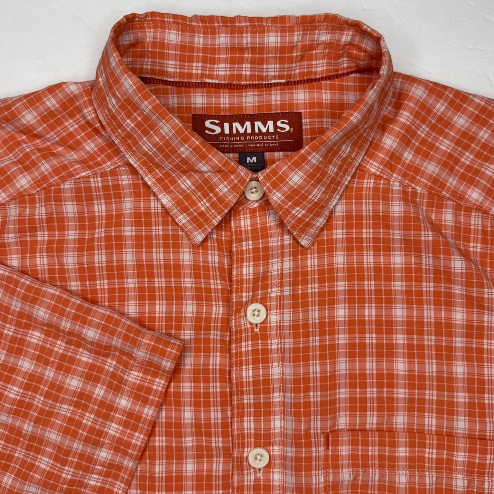 Simms Fishing Shirt Mens Medium Orange Plaid Short Sleeve Hiking Outdoors 38590